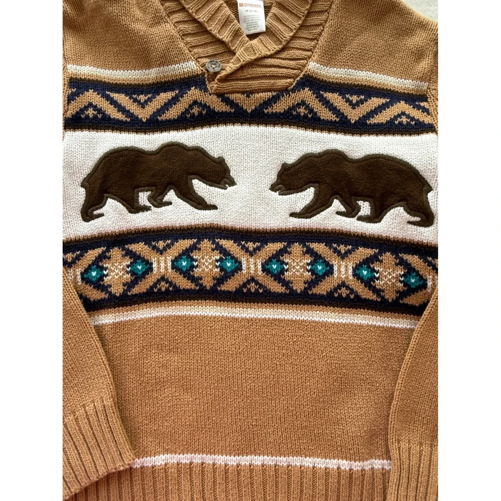 Gymboree Boys Bear Aztec Shawl Collar Sweater Tan Winter Pullover Size 7/8